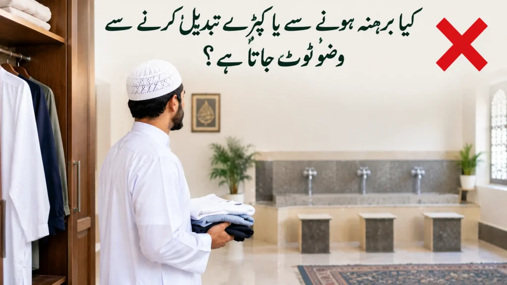 کیا برہنہ ہونے یا کپڑے تبدیل کرنے سے وضو ٹوٹ جاتا ہے؟