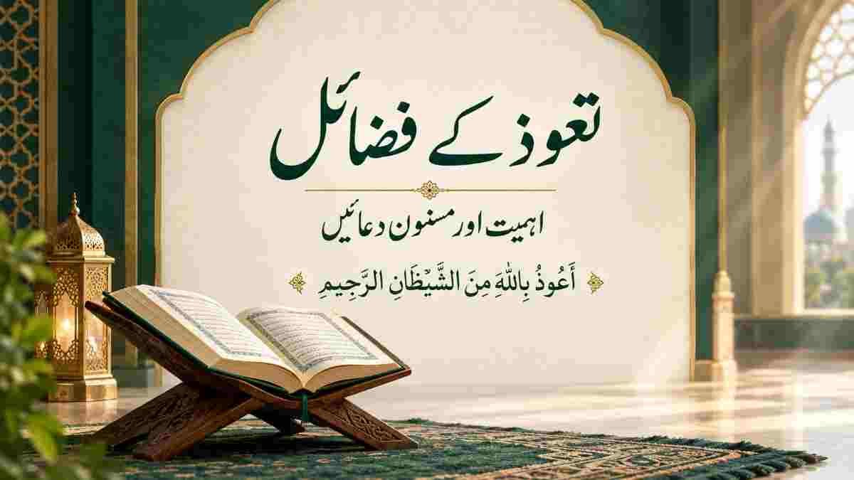 تعوذ کے فضائل اور اہمیت، کھلے قرآن مجید اور رحل کے ساتھ خوبصورت اسلامی ڈیزائن